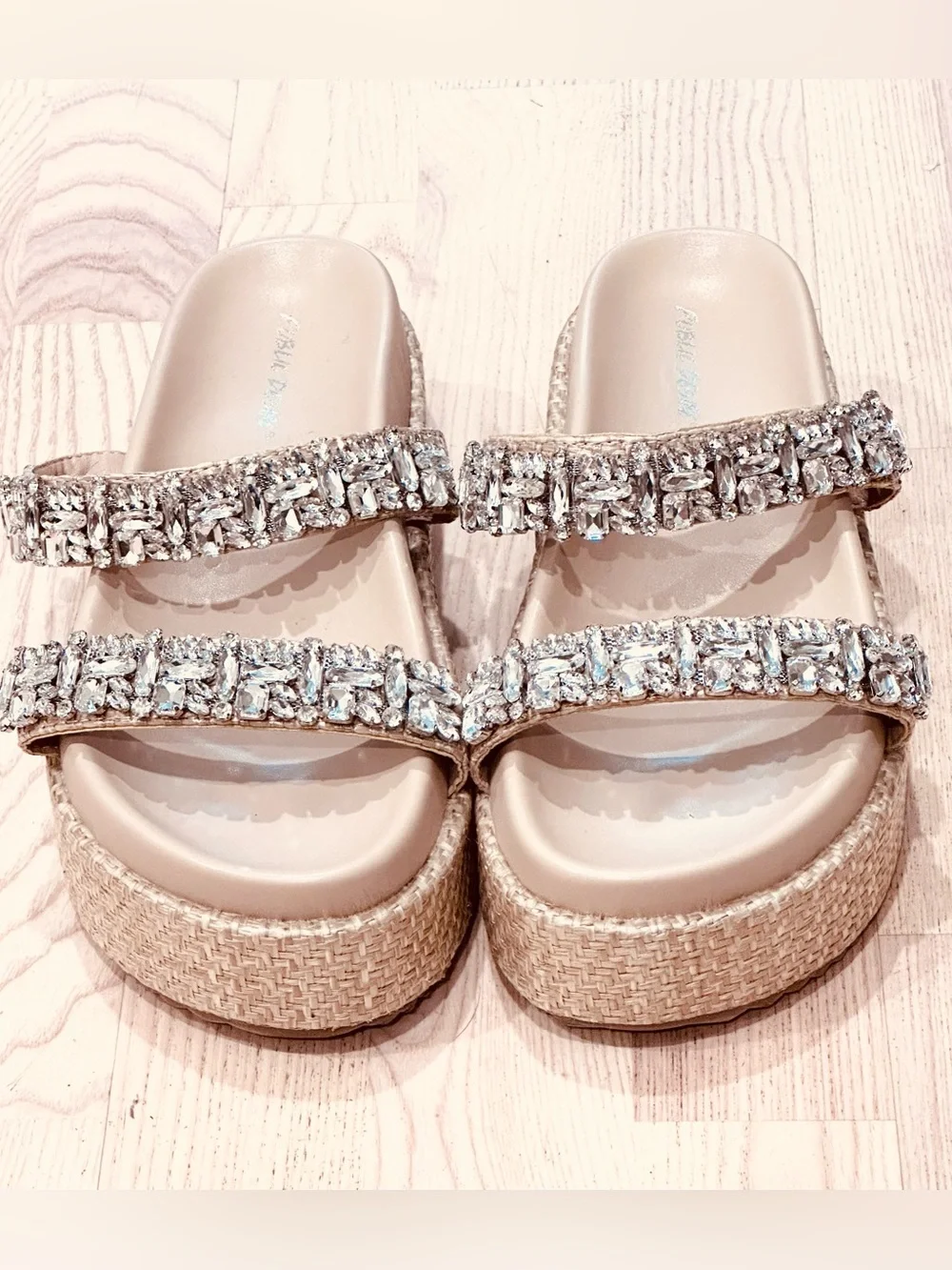 Public Desire Jeweled Double-Strap Platform Sandal in Beige
